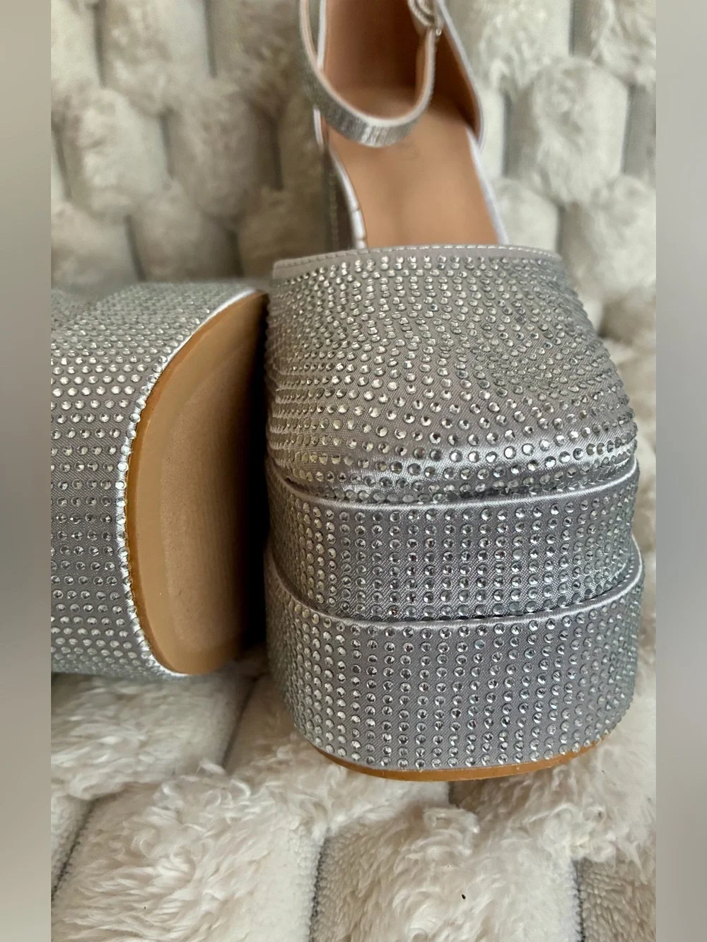 Silver Rhinestone Platform Block Heels with Ankle Strap